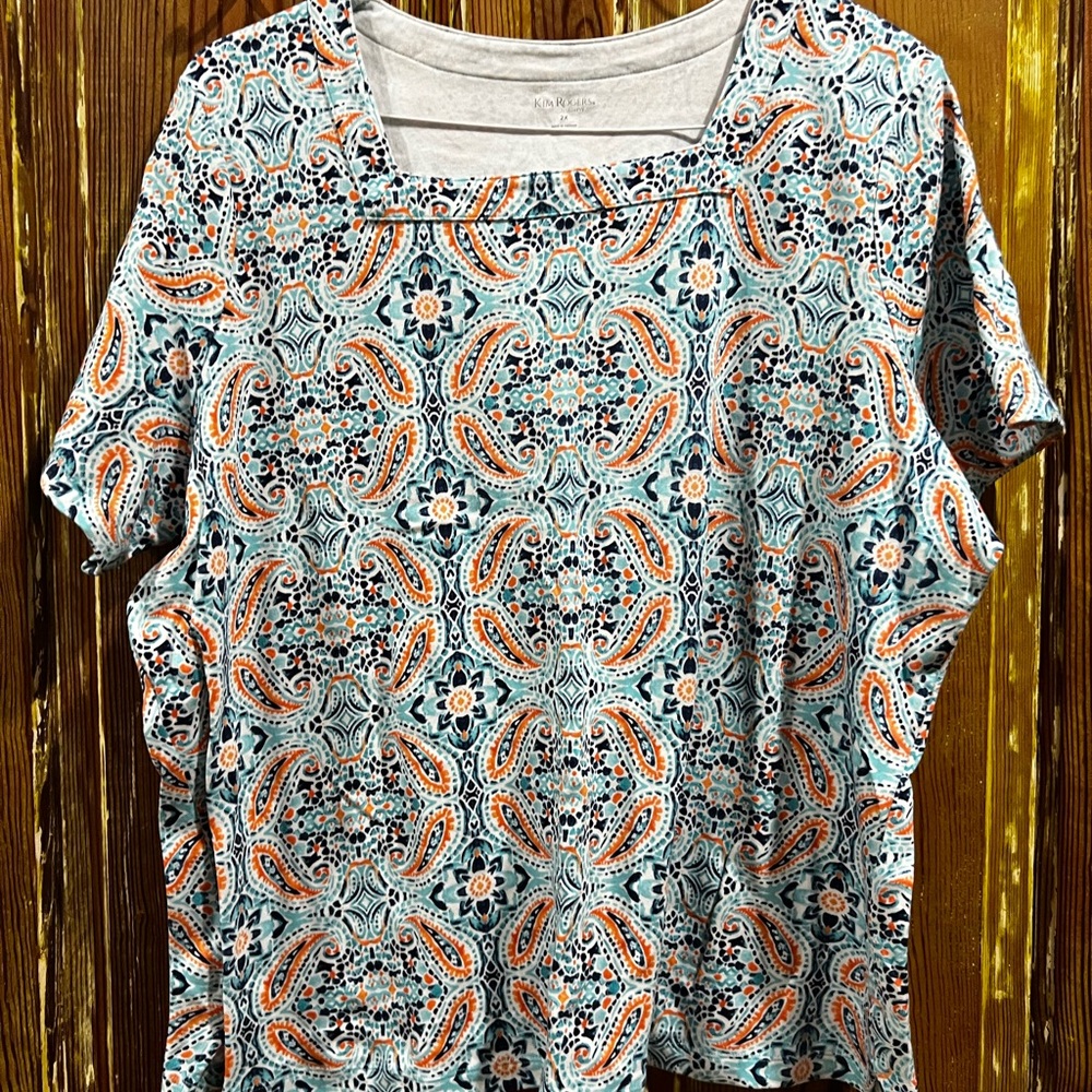 Kim Rogers Short Sleeve Square Neck Top - Blue & Orange Paisley